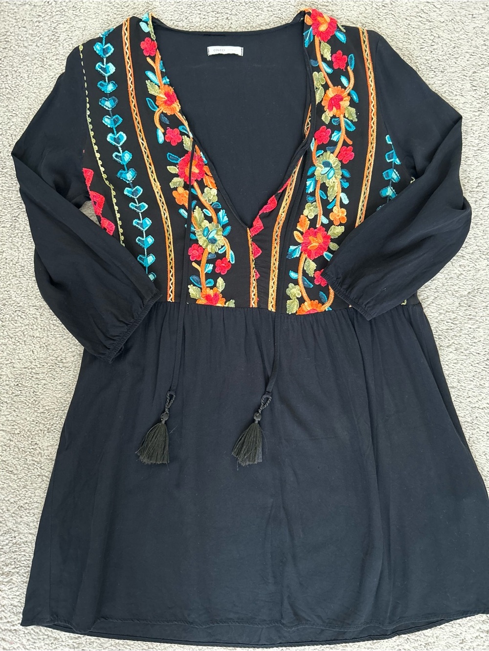 Black Long-Sleeve Embroidered V-Neck Boho Dress